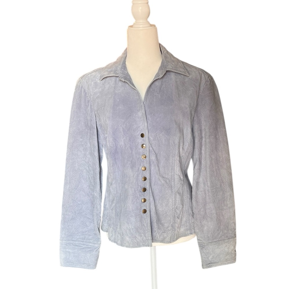 Vintage Live A Little Suede Leather Jacket Blue Button Snap Boho 90s Y2K Large